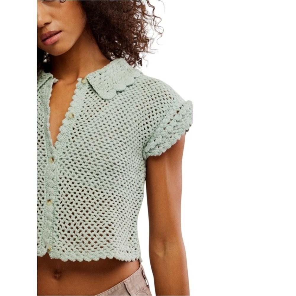 Free People Lily Crochet Cropped Spread Collar Button Down Top Aqua Blue XS - Picture 2 of 7